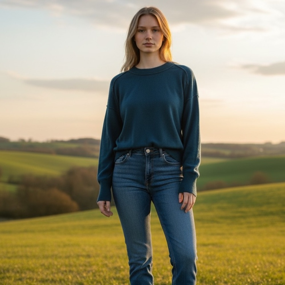Anthropologie Free People 100% Cashmere Peacock Blue Crew Neck Sweater Boho Luxe